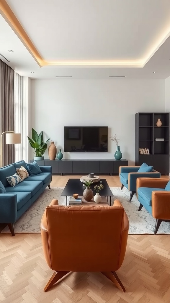 Modern living room with blue and brown furniture, featuring a TV, plants, and a minimalist decor style.