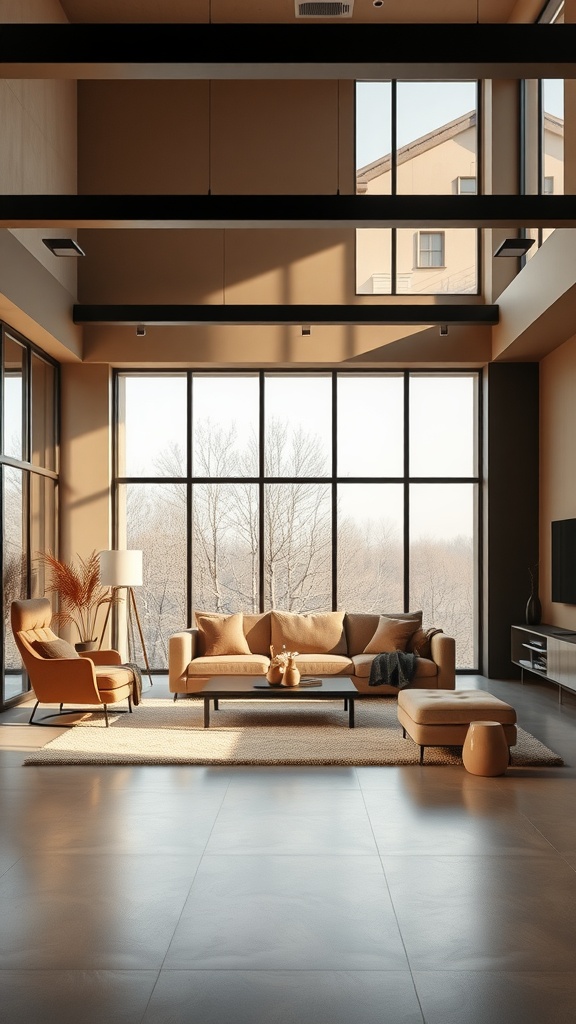 A modern minimalistic living room with brown hues, featuring large windows, a cozy sofa, and natural light.