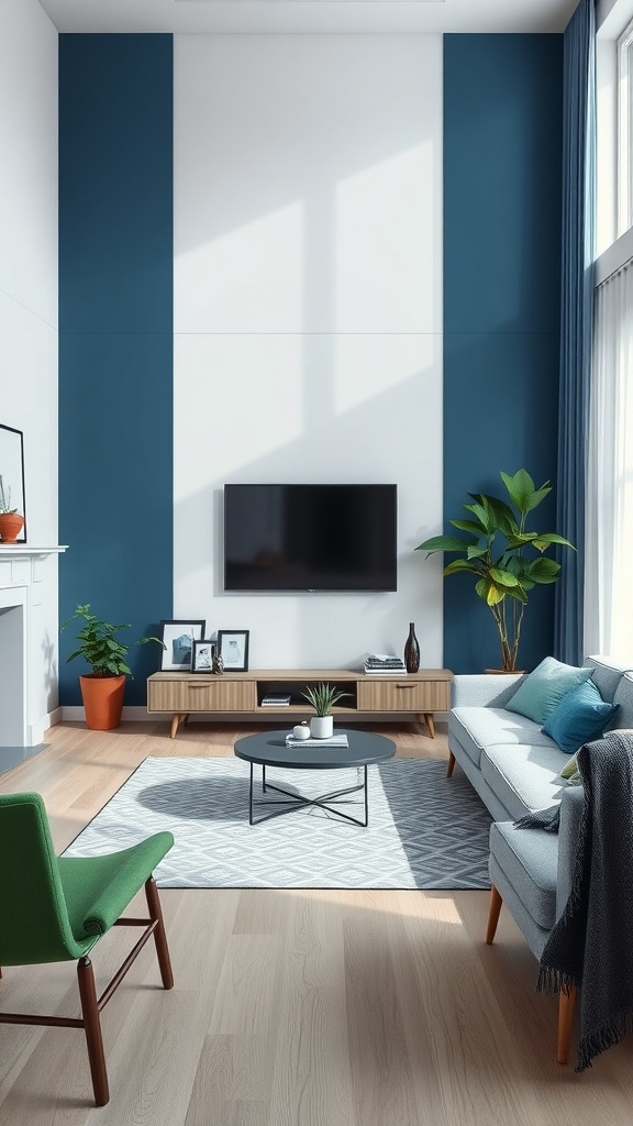 A modern minimalist living room featuring blue and green colors, with a stylish layout and decor.