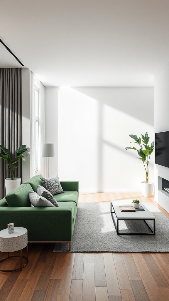 Modern living room featuring a green sofa, minimalist decor, and natural light.