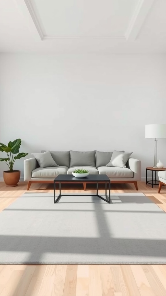 A modern minimalist living room featuring a light gray rug, a simple couch, and a potted plant.