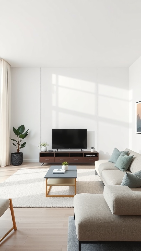 A minimalist living room with a white accent wall, light furniture, and a potted plant.