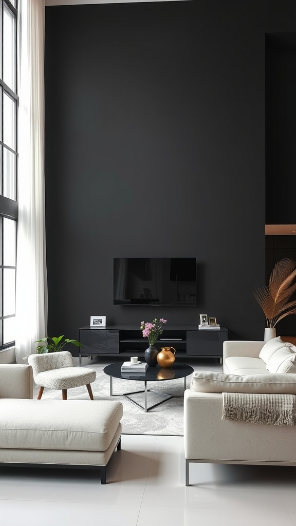 A modern minimalist living room with a black accent wall and light-colored furniture.