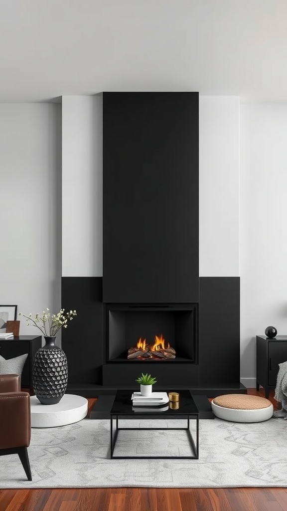 Modern minimalist black fireplace in a stylish living room