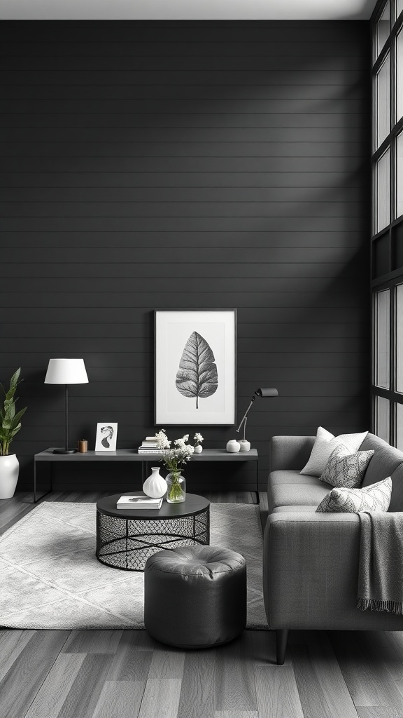 Modern minimalist living room with black shiplap walls, sleek furniture, and decorative elements.