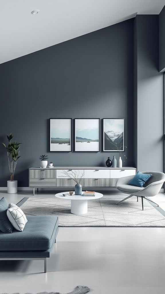 A modern minimalist living room featuring a blue and gray color palette with a blue sofa, gray armchair, and artwork on the wall.