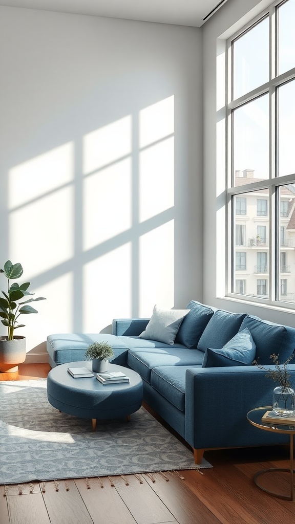 Modern minimalist living room featuring a blue couch, round ottoman, and large windows with natural light.