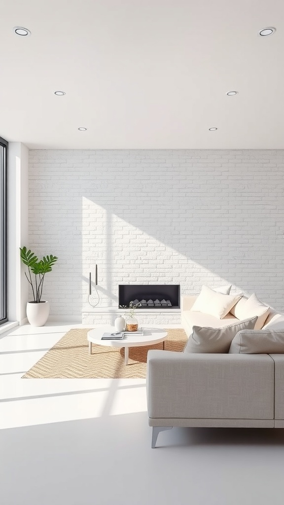 A modern living room featuring a white brick accent wall, cozy seating, and natural light.