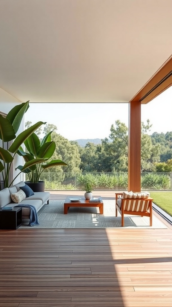 A modern minimalist outdoor living room on a deck, featuring a sofa, a coffee table, and greenery.