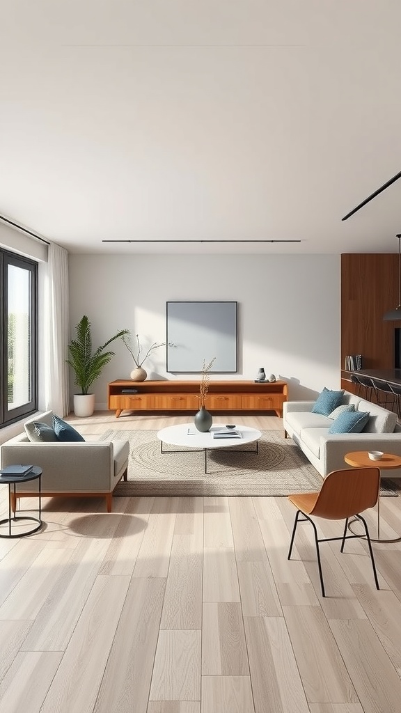 A modern minimalist living room featuring light wood flooring, neutral walls, and simple furniture arrangements.