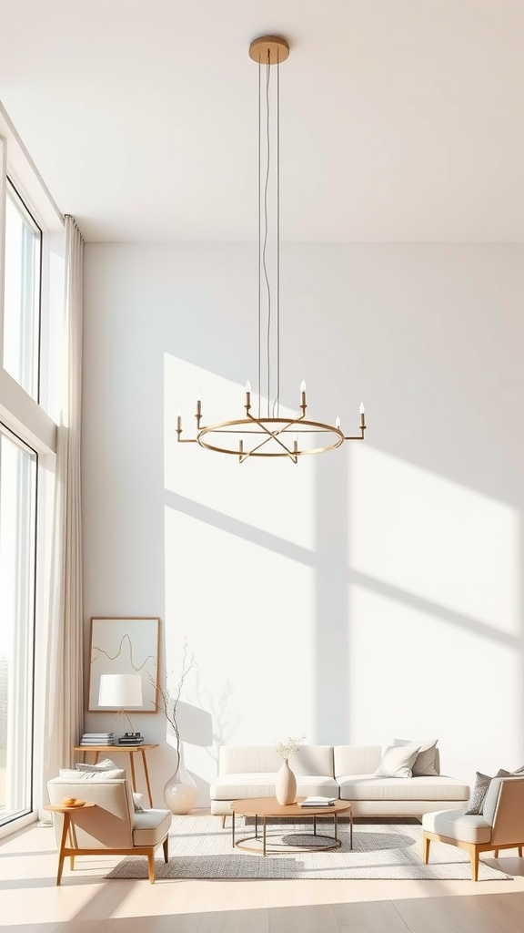 A modern minimalist living room featuring a circular chandelier, large windows, and simple furniture.