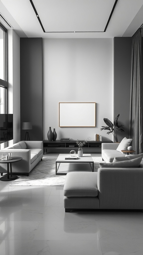 Modern minimalist living room with gray palette, featuring simple furniture and large windows.