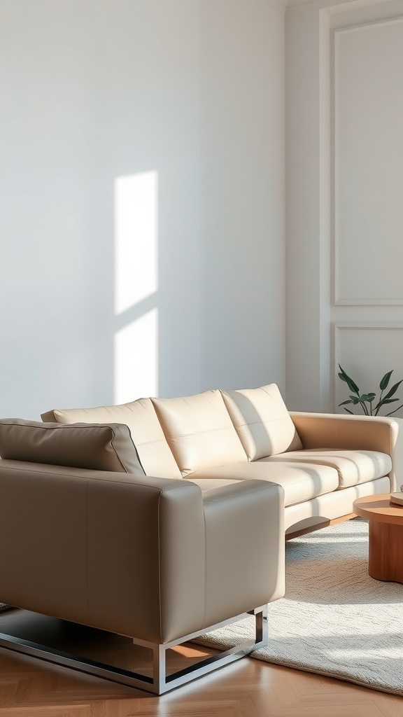 A modern minimalist living room featuring a light-colored leather sofa, wooden coffee table, and a plant.