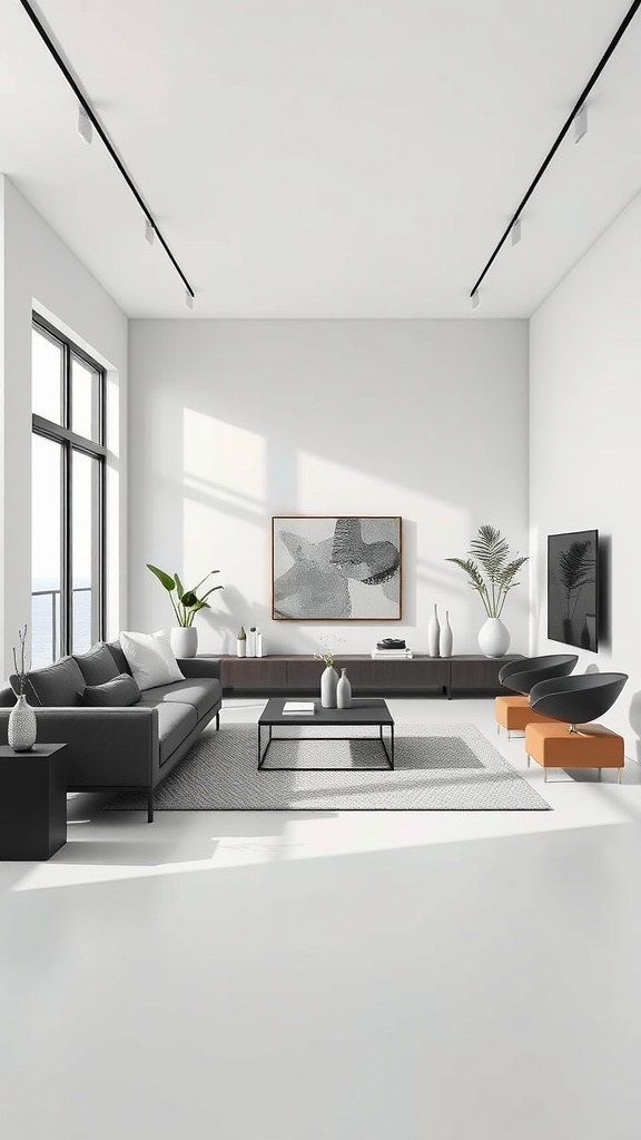 A modern minimalist living room featuring a gray sofa, geometric coffee table, and large windows, illuminated by natural light.