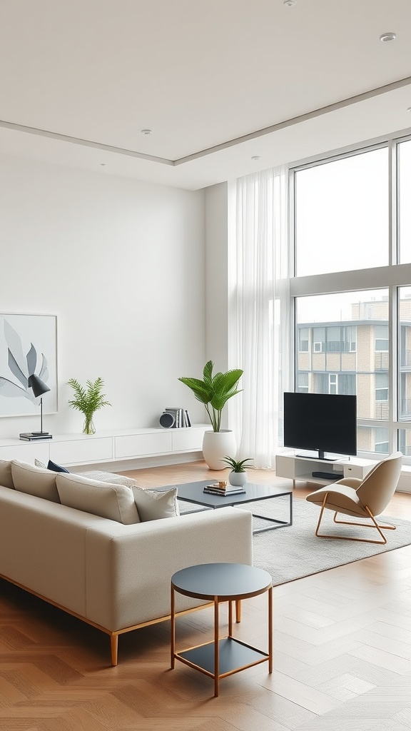 A modern minimalist living room featuring large windows, a light-colored sofa, wooden flooring, and potted plants.