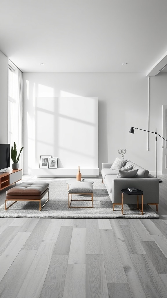 A modern minimalist living room featuring a light wood floor, a cozy rug, and stylish furniture.