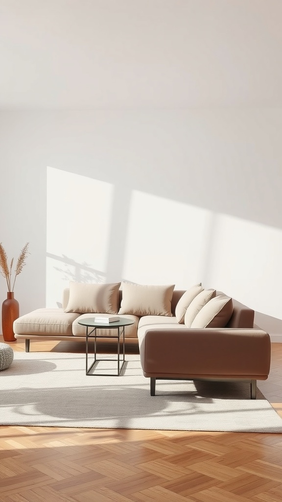 A minimalist living room featuring a brown sectional sofa, a glass coffee table, and a warm rug, complemented by natural lighting.