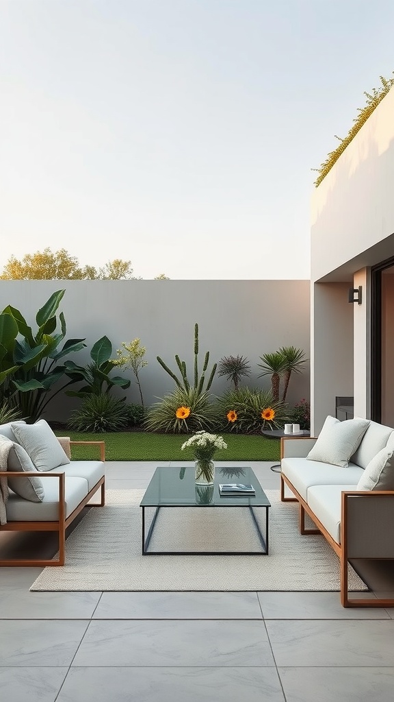 A modern minimalist outdoor living room with two chairs, a glass coffee table, and a garden view.