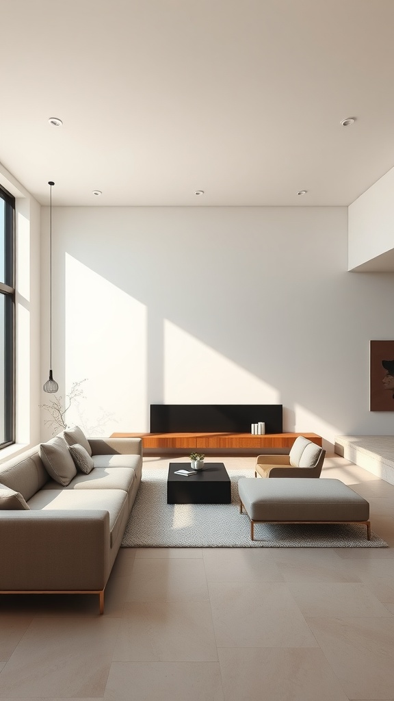 A modern minimalist sunken living room featuring a light-colored sofa, a black coffee table, and large windows allowing natural light.