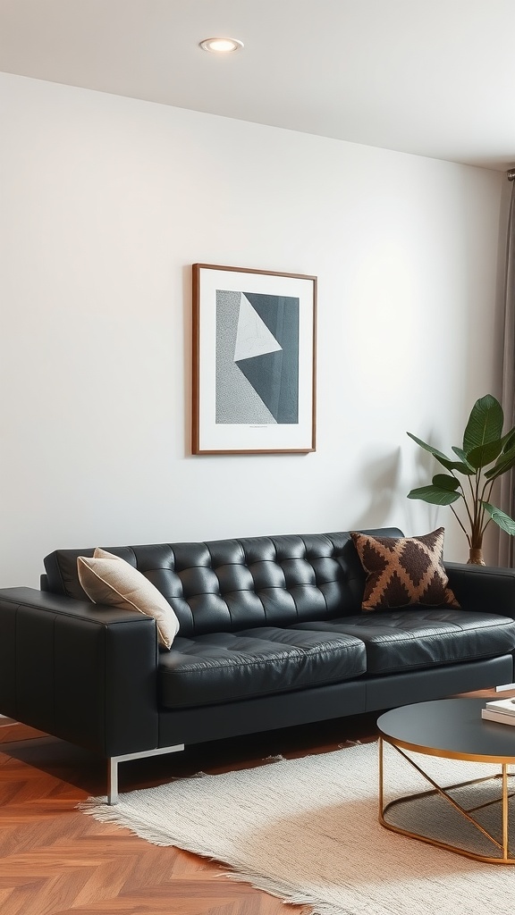 A modern minimalist living room featuring a black leather couch, geometric artwork, and a round coffee table.