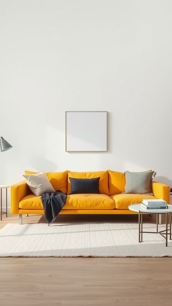 Modern living room with a yellow couch and minimalist decor