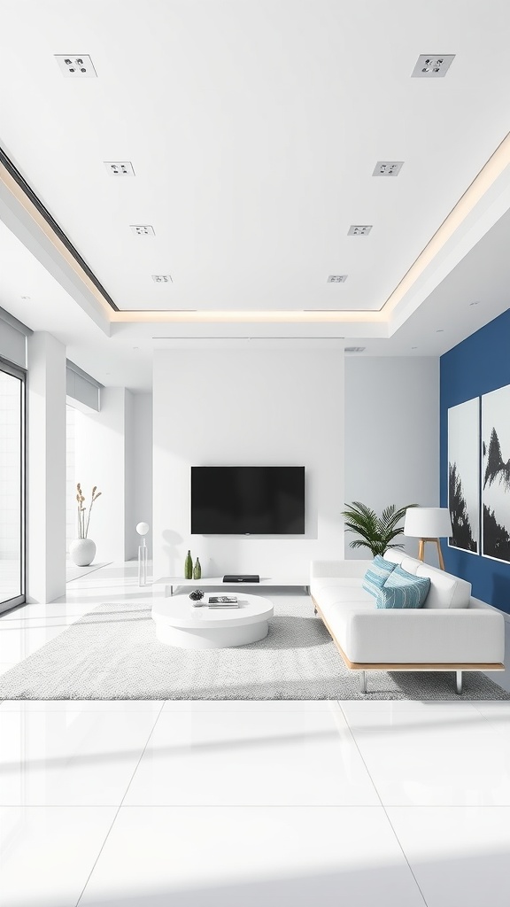 A modern living room featuring a white and blue color scheme with a sectional sofa, round coffee table, and large windows.