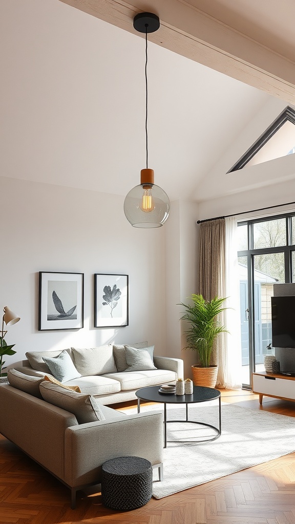 A modern living room featuring a pendant light, cozy sofa, and decorative plant.