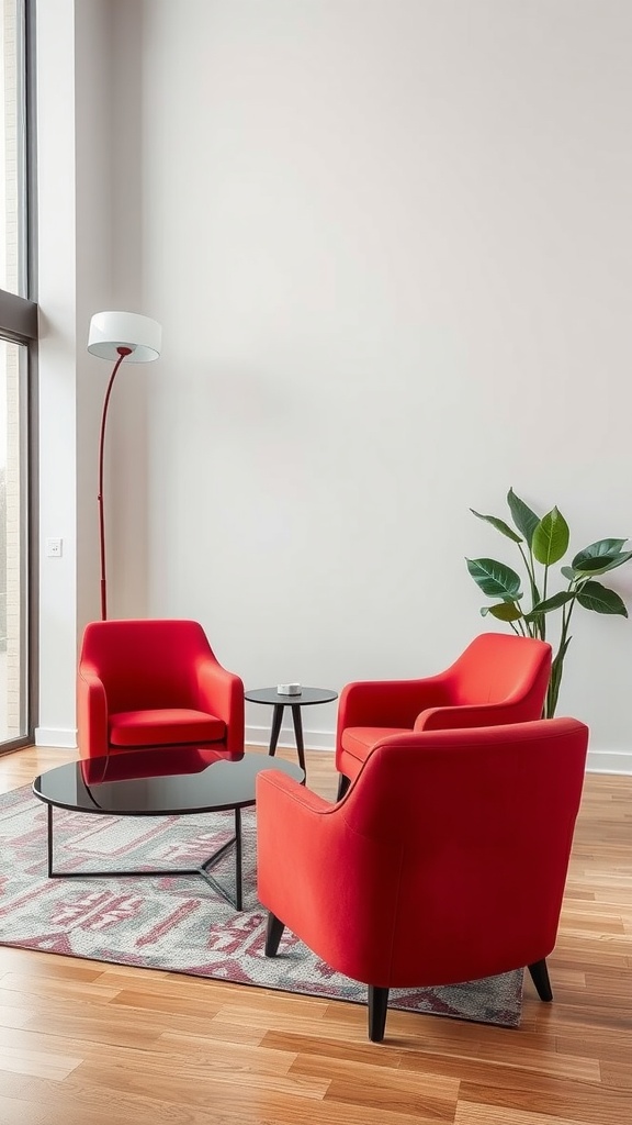 A modern living room featuring two red accent chairs, a black coffee table, a patterned rug, and a tall plant.