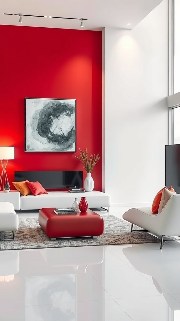 Modern living room featuring a red accent wall and white furniture