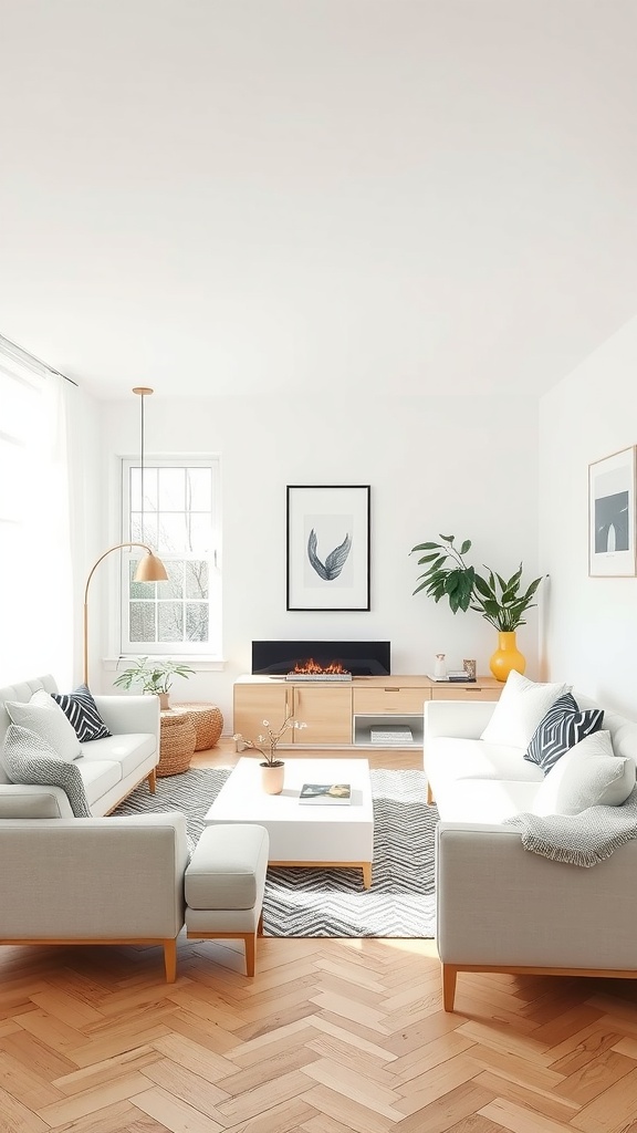 Bright living room featuring Scandinavian design with gray sofas, wooden flooring, and minimalist decor