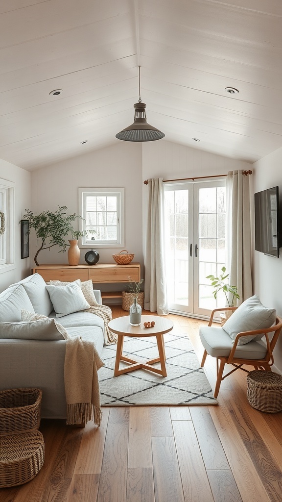 A modern Scandinavian-style living room with light colors, natural materials, and functional furniture.