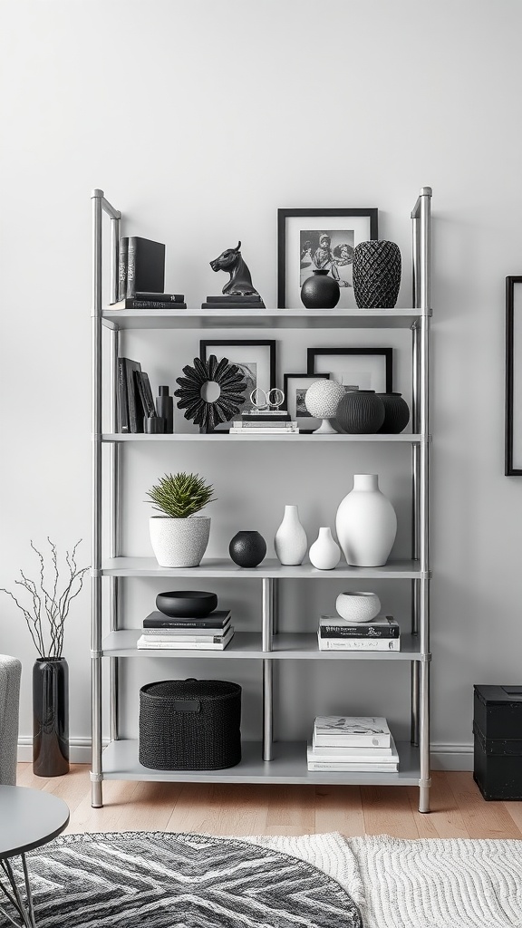 A modern silver shelving unit filled with books, decorative items, and plants in a stylish living room.