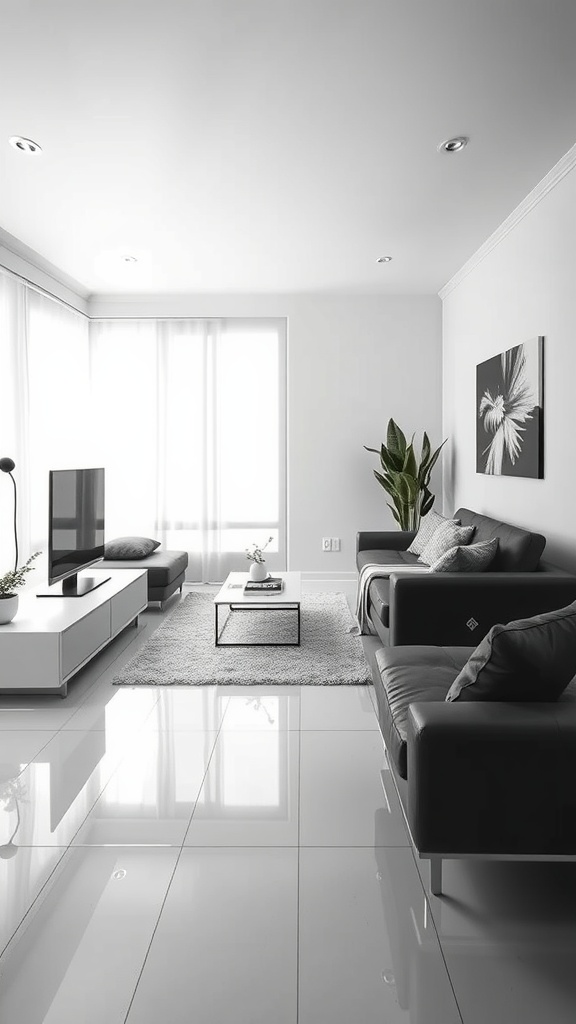 A modern living room featuring a black couch, a television, and minimalist decor.