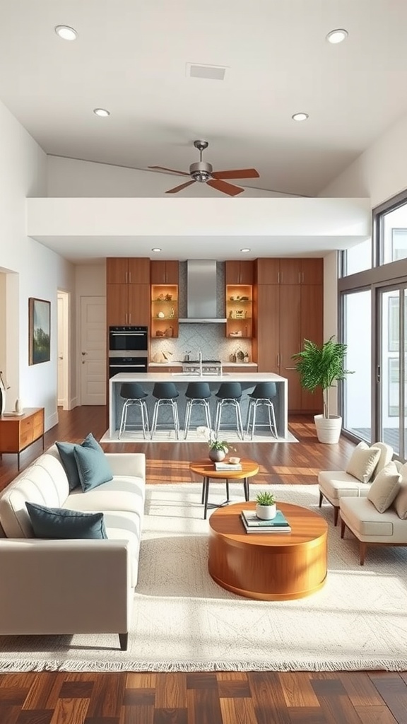 A modern living room and kitchen layout featuring light colors, wooden elements, and a cozy atmosphere.