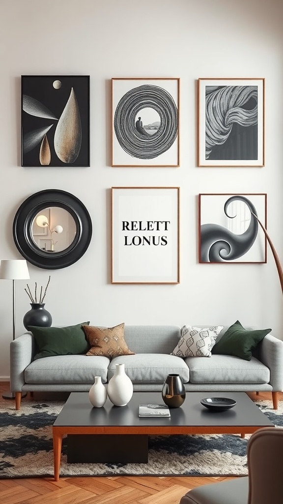 A modern living room featuring a stylish sofa, a coffee table, and an artistic wall display with various framed artworks.