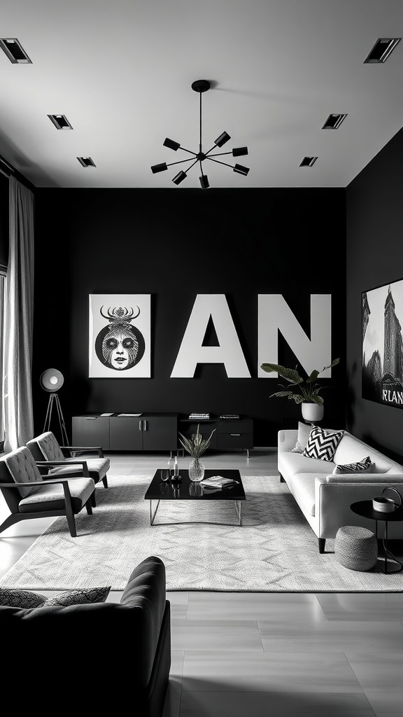 A modern living room featuring a black wall with large lettering, white sofa, and contrasting furniture.