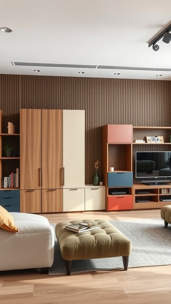 A modern living room showcasing modular storage systems with stylish cabinets and open shelves.