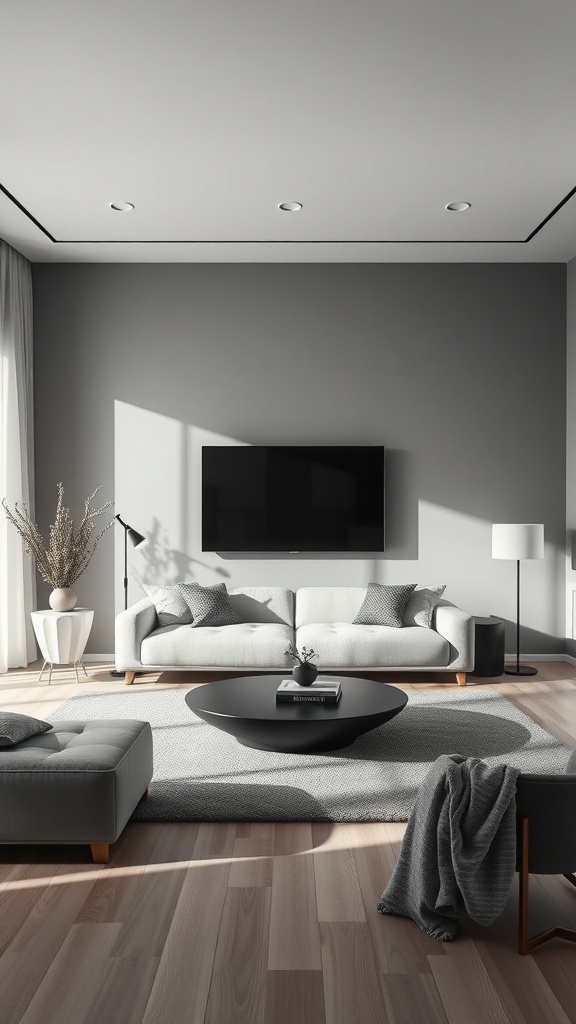 Minimalist living room featuring a monochromatic gray color scheme with a couch, coffee table, and decor.