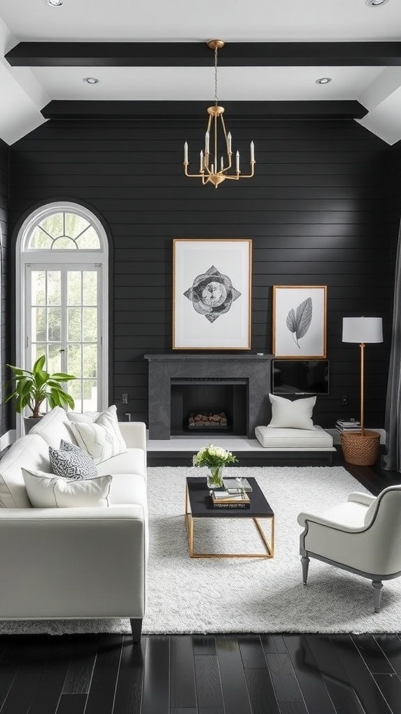 A stylish living room featuring black shiplap walls, white furniture, and elegant decor elements.