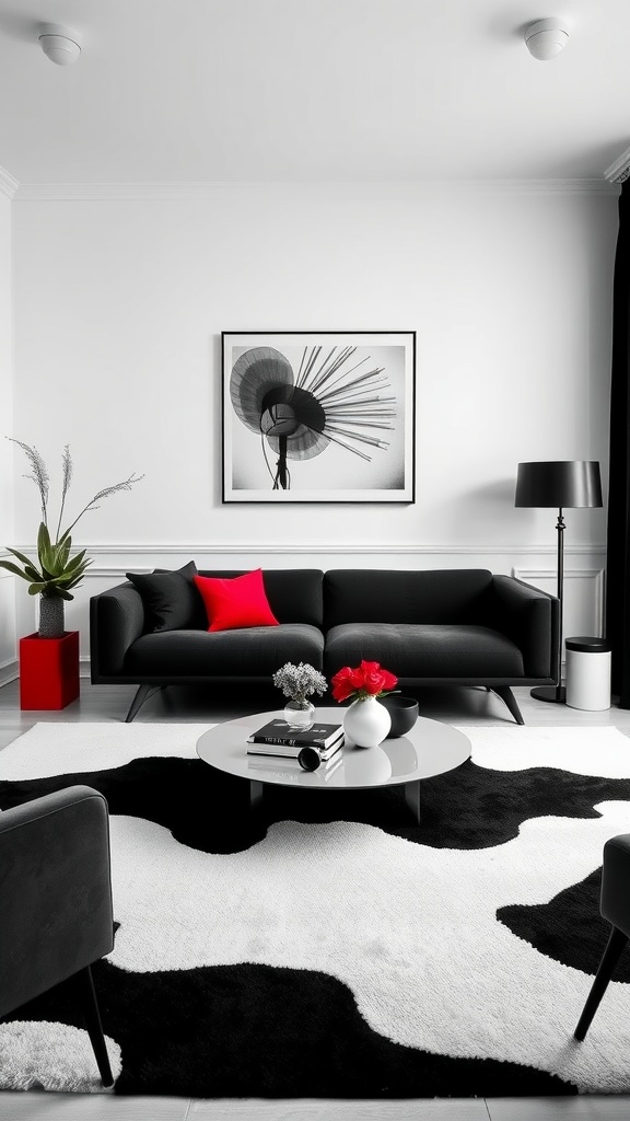 A stylish living room with a black sofa, red accent pillow, and monochrome rug.