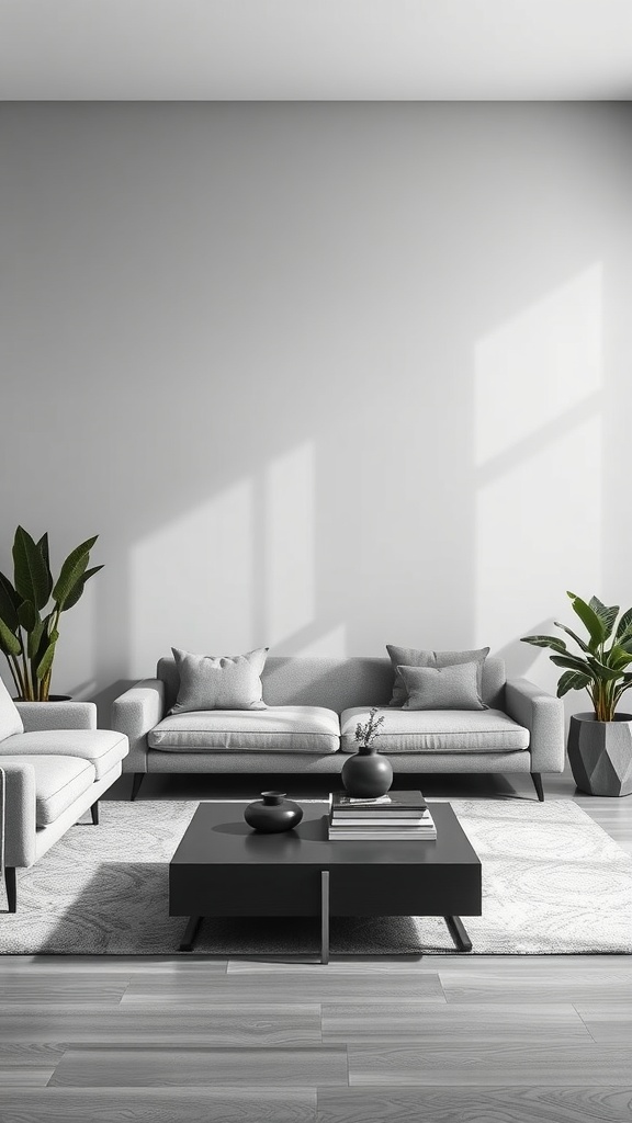 A modern gray living room featuring two gray sofas, a dark coffee table, and green plants.