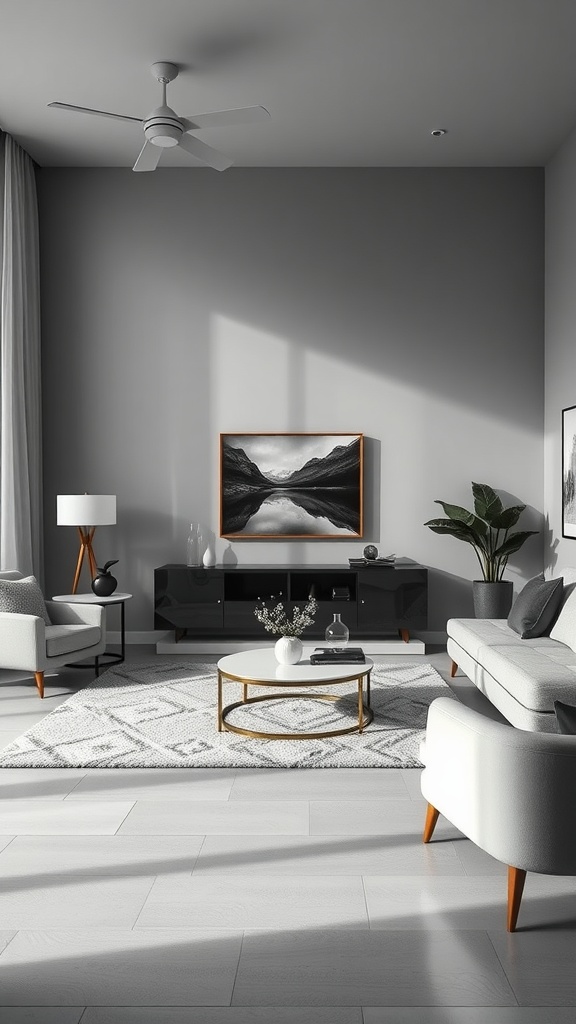 A modern living room featuring a monochromatic grey palette with grey furniture, a black TV unit, and a potted plant.