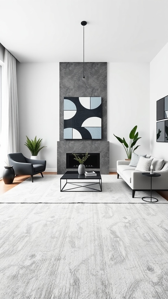 A modern living room featuring a monochromatic carpet, gray walls, and contemporary furniture.