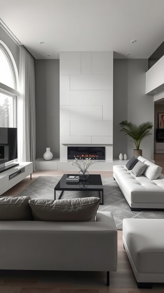 A modern living room with a monochromatic theme, featuring gray walls, white furniture, and a cozy fireplace.