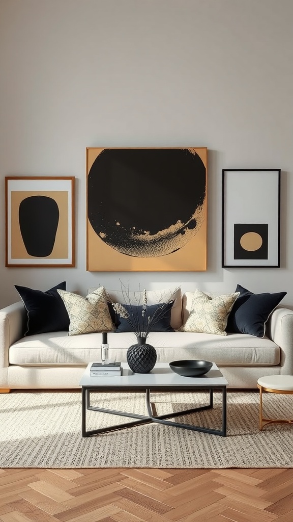 A stylish living room featuring a black and tan color scheme with modern art