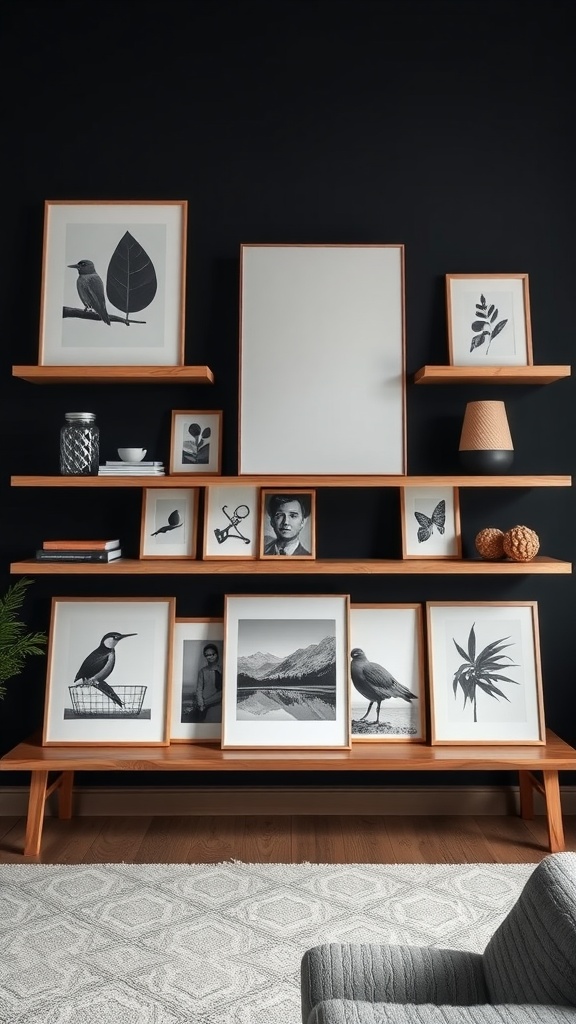 A modern living room wall display featuring a variety of black and white framed artwork on wooden shelves against a dark background.