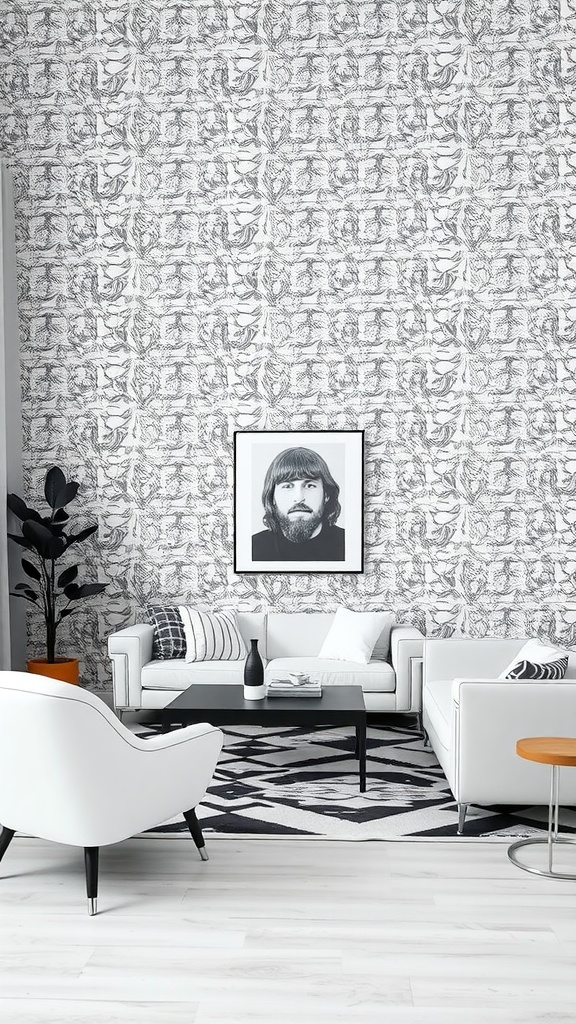 A stylish living room featuring monochrome wallpaper, white furniture, a black coffee table, and a framed portrait.