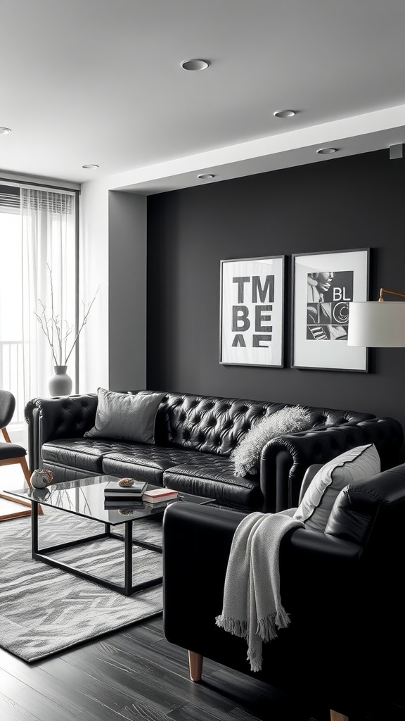 A stylish monochrome living room featuring a black leather couch, glass coffee table, and minimalist decor