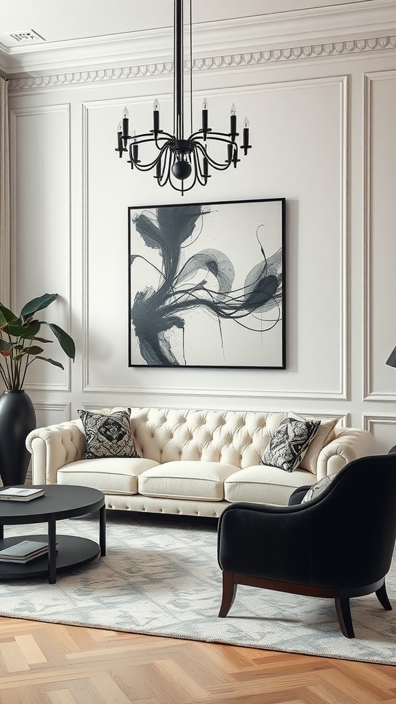 Elegant living room featuring a cream tufted sofa, black armchair, round coffee table, abstract artwork, and a chandelier.