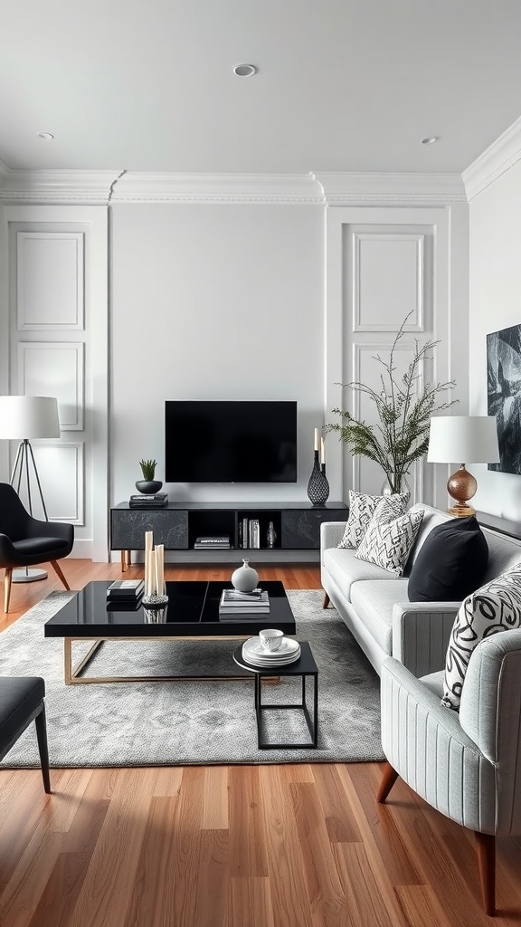 A modern living room featuring a gray sofa, black coffee table, and stylish decor in a monochrome color scheme.